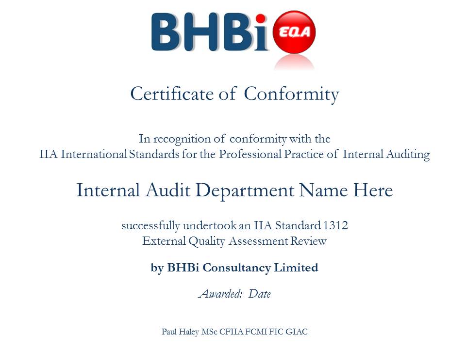 Example EQA Certificate Issued by BHBi Example EQA Certificate Issued by BHBi